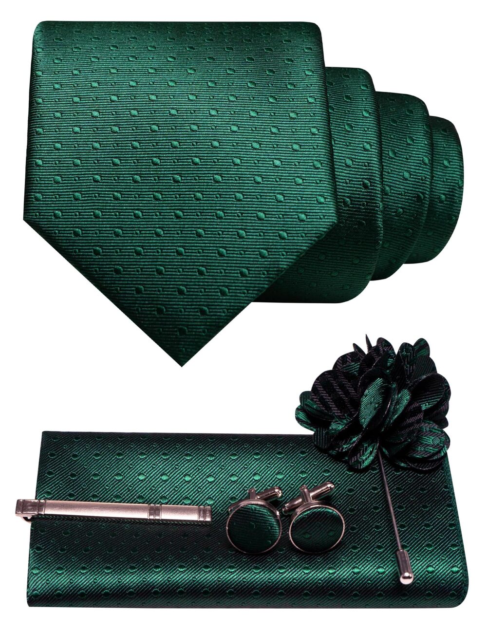 3369 Dark Green Tie Woven Necktie and Pocket Square Cufflinks with Lapel